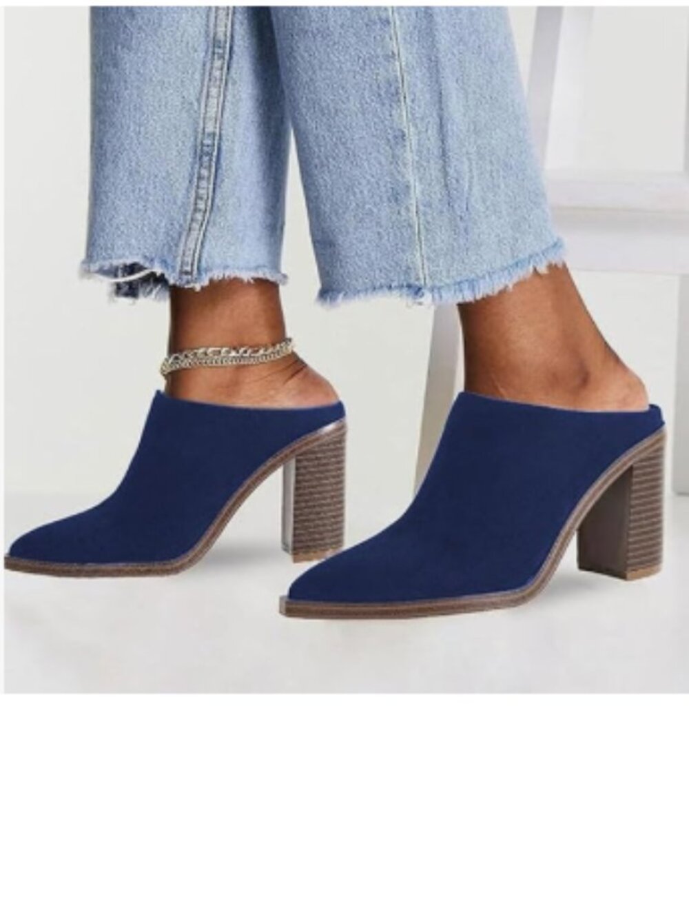 FOWT Navy Pointed Toe Slip On Mules Stacked Block High Heel Sandal Proms Shoes